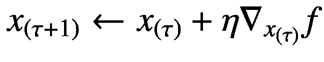 $$ {x}_{lef<em></em>t(	au +1
ight)}leftarrow {x}_{lef<em></em>t(	au 
ight)}+eta {
abla}_{x_{lef<em></em>t(	au 
ight)}}f $$