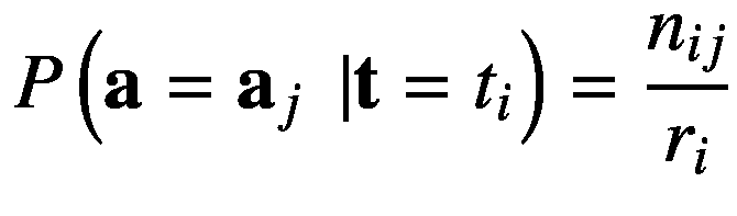 $$ Plef<em></em>t(mathbf{a}={mathbf{a}}_j;left|mathbf{t}={t}_i
ight.
ight)=frac{n_{ij}}{r_i} $$