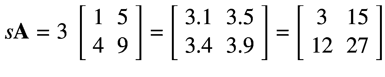 $$ smathbf{A}=3;left[begin{array}{cc}1& 5 {}4& 9end{array}
ight]=left[begin{array}{cc}3.1& 3.5 {}3.4& 3.9end{array}
ight]=left[begin{array}{cc}3& 15 {}12& 27end{array}
ight] $$